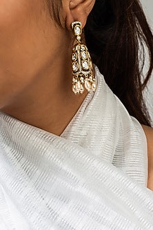 Gold Finish White Kundan Polki Dangler Earrings