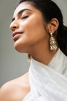 Gold Finish White Kundan Polki Dangler Earrings