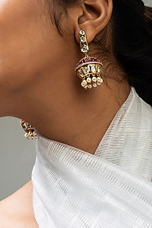 Gold Finish Multi-Colored Kundan Polki Dangler Earrings