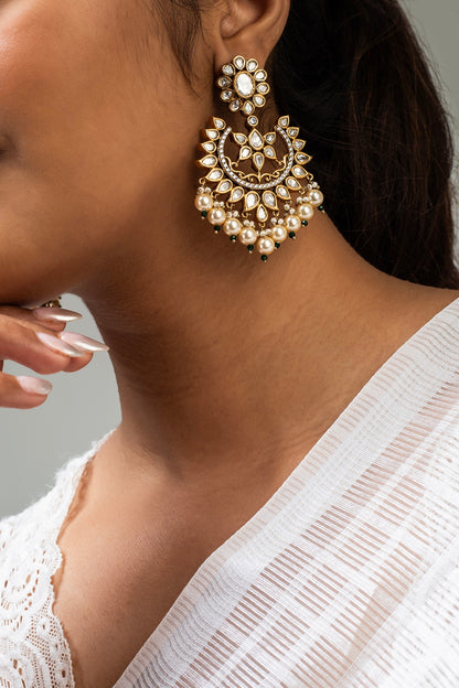 Gold Finish White Kundan Polki Dangler Earrings