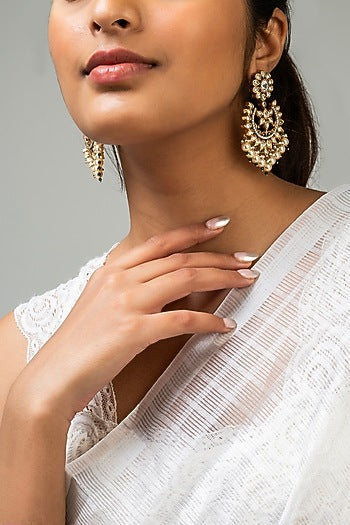 Gold Finish White Kundan Polki Dangler Earrings