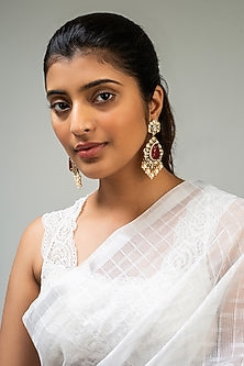 Gold Finish Red Kundan Polki Dangler Earrings