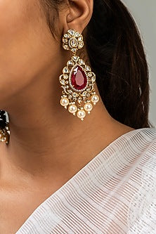 Gold Finish Red Kundan Polki Dangler Earrings