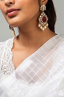 Gold Finish Red Kundan Polki Dangler Earrings