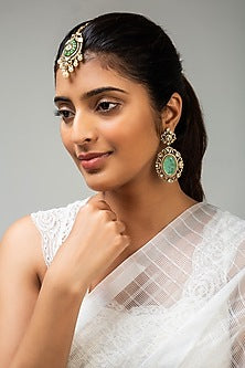 Gold Finish Green Kundan Polki Maangtikka