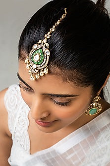 Gold Finish Green Kundan Polki Maangtikka
