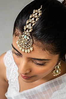 Gold Finish White Kundan Polki Maangtikka
