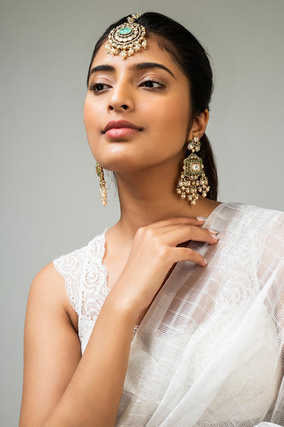 God Finish Mint Green Kundan Polki Maangtikka