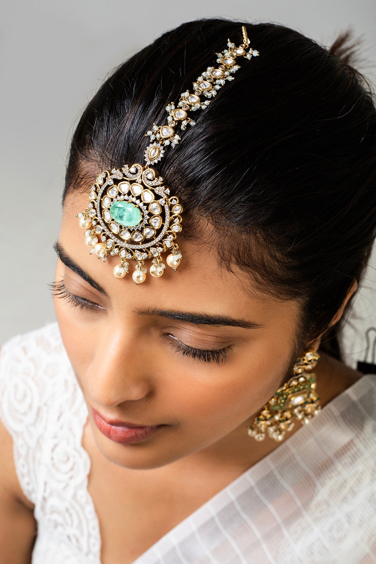 God Finish Mint Green Kundan Polki Maangtikka