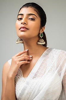 God Finish Green Stone & Kundan Polki Jhumka Earrings