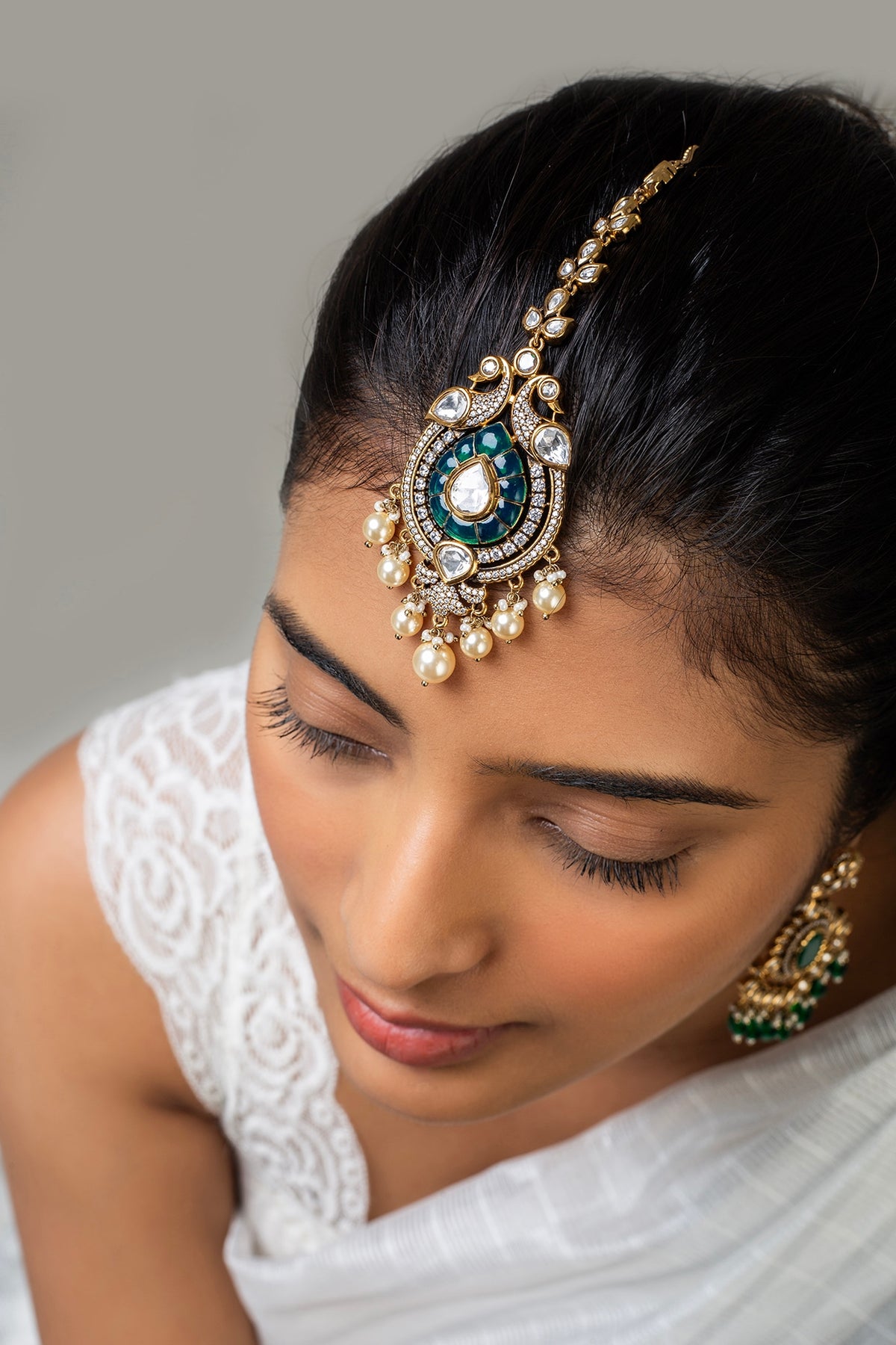 God Finish Kundan Polki & Green Stone Maangtikka