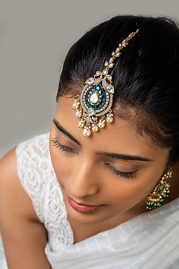 God Finish Kundan Polki & Green Stone Maangtikka