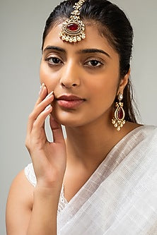 Gold Finish Kundan Polki & Red Stone Maangtikka