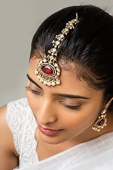 Gold Finish Kundan Polki & Red Stone Maangtikka