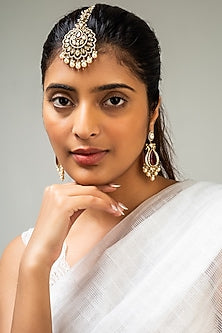 Gold Finish Red Kundan Polki Maangtikka