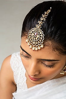 Gold Finish Red Kundan Polki Maangtikka