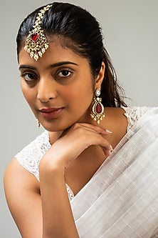 Gold Finish Kundan Polki & Red Stone Maangtikka