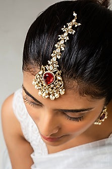 Gold Finish Kundan Polki & Red Stone Maangtikka