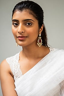 Gold Finish Kundan Polki & Red Stone Dangler Earrings