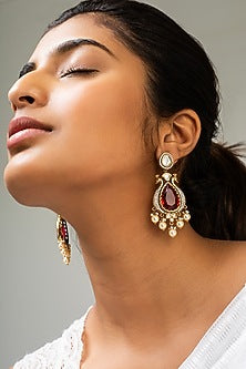 Gold Finish Kundan Polki & Red Stone Dangler Earrings