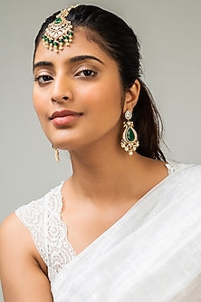 Gold Finish Kundan Polki & Green Stone Maangtikka