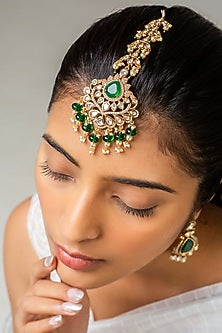 Gold Finish Kundan Polki & Green Stone Maangtikka
