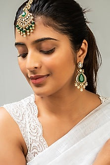 Gold Finish Kundan Polki & Green Stone Maangtikka