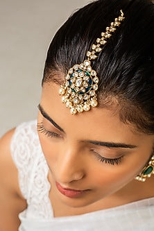 Gold Finish Kundan Polki & Green Stone Maangtikka