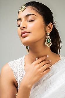 Gold Finish Kundan Polki & Green Stone Maangtikka