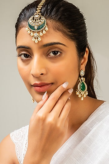 Gold Finish Kundan Polki & Green Stone Maangtikka