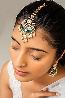 Gold Finish Kundan Polki & Green Stone Maangtikka
