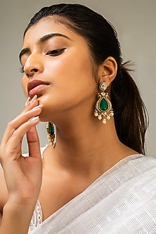 Gold Finish Kundan Polki & Green Stone Dangler Earrings