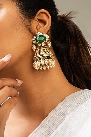 Gold Finish Kundan Polki & Green Stone Dangler Earrings