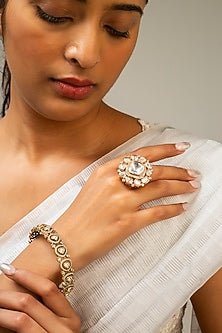 Gold Finish Kundan Polki & White Stone Ring