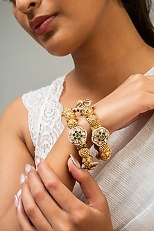 Gold Finish Kundan Polki & Green Stone Kada