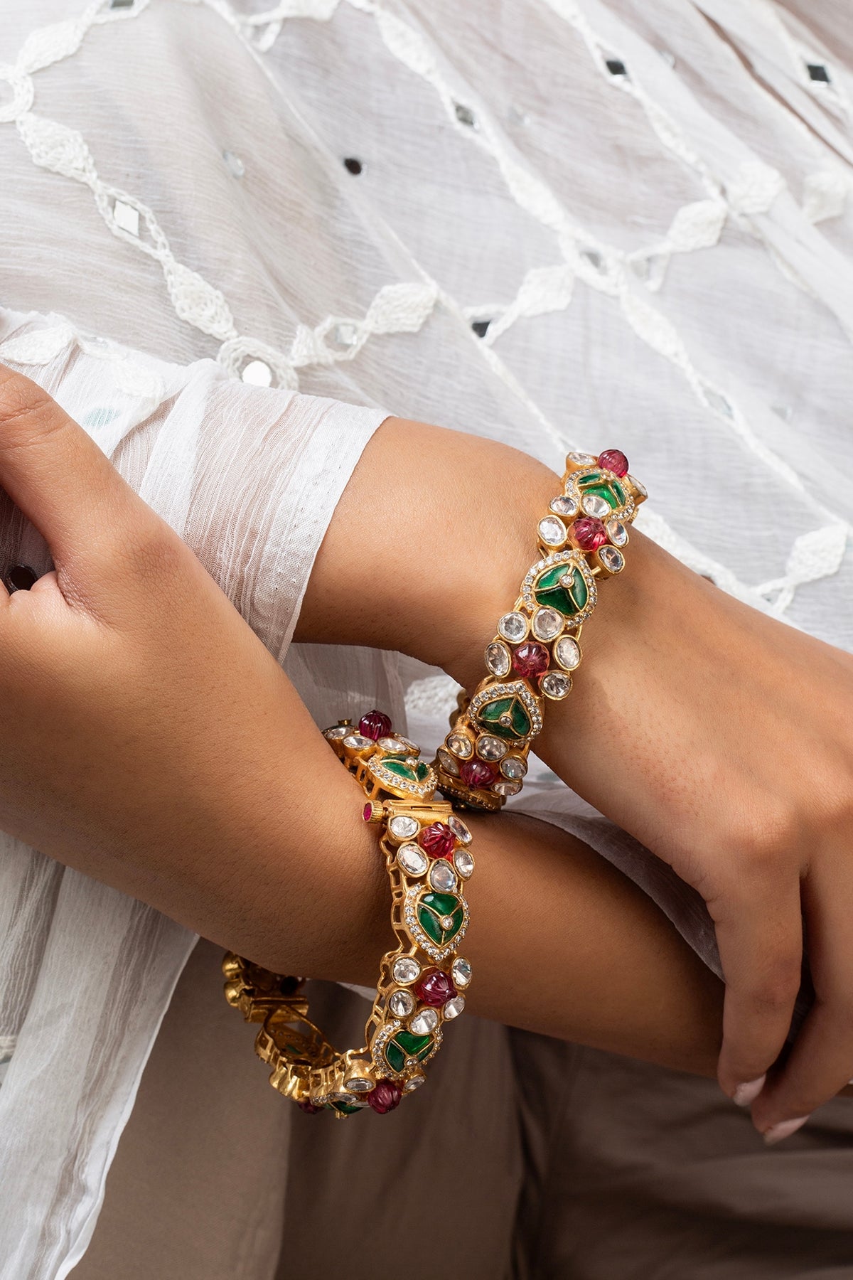 Gold Finish Kundan Polki & Multi-Colored Stone Openable Kada