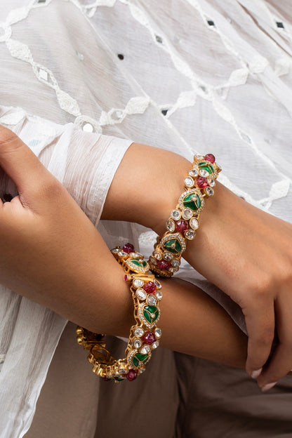 Gold Finish Kundan Polki & Multi-Colored Stone Openable Kada