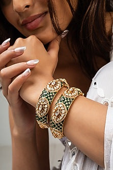 Gold Finish Kundan Polki & Green Stone Openable Kada