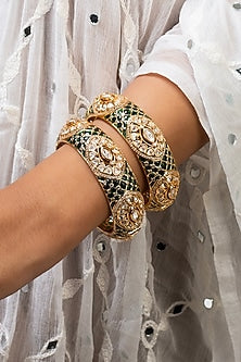 Gold Finish Kundan Polki & Green Stone Openable Kada