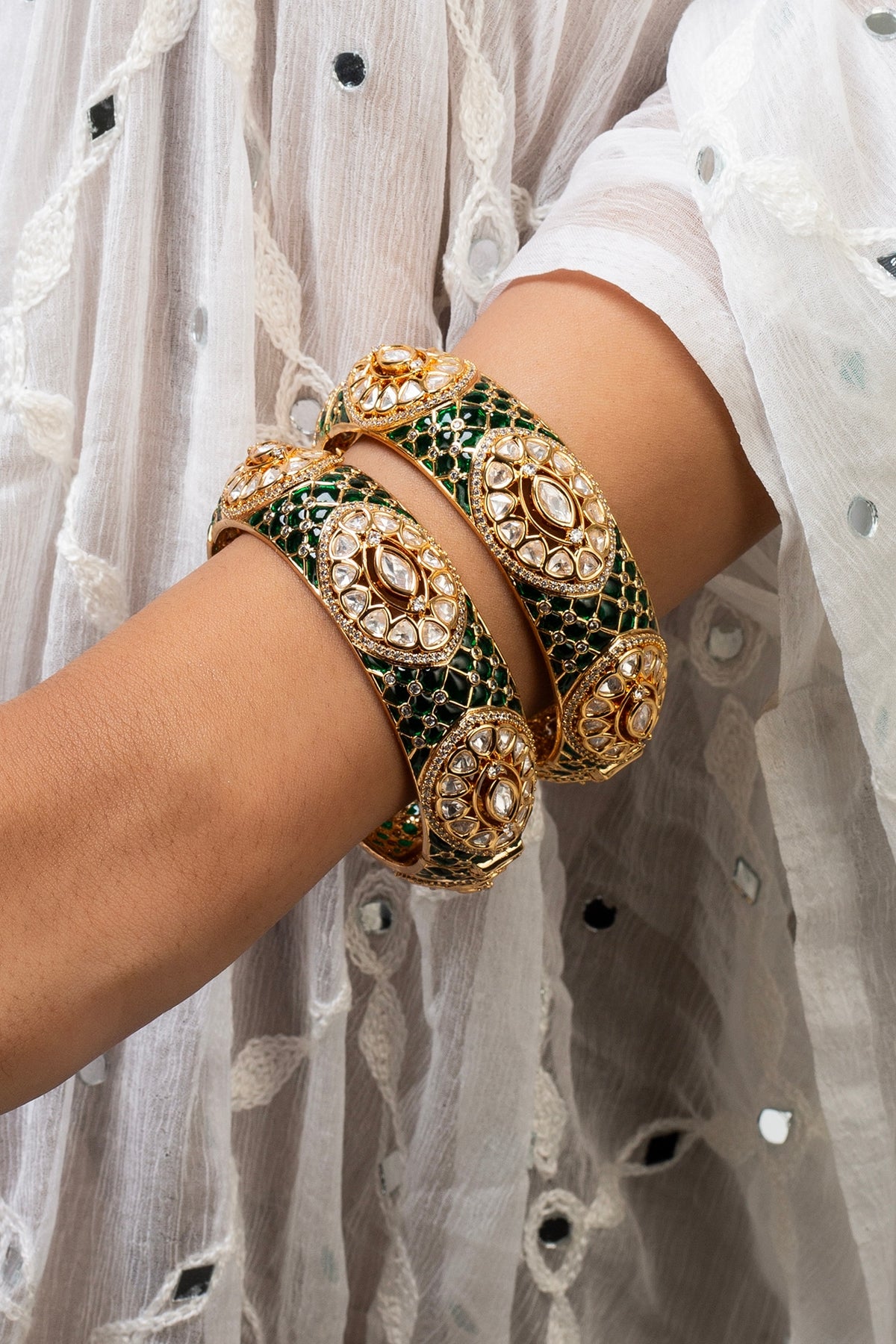 Gold Finish Kundan Polki & Green Stone Openable Kada
