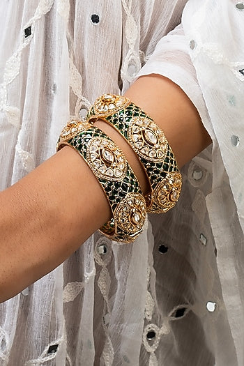 Gold Finish Kundan Polki & Green Stone Openable Kada