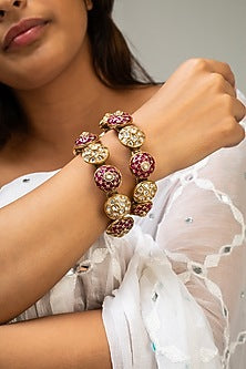 Gold Finish Red Kundan Polki Openable Kada