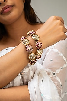 Gold Finish Red Kundan Polki Openable Kada