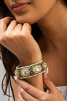 Gold Finish Green Kundan Polki Openable Kada