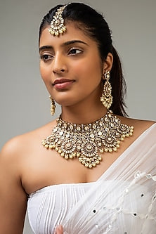 Gold Finish Kundan Polki & White Stone Necklace Set