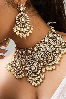 Gold Finish Kundan Polki & White Stone Necklace Set