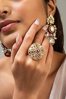 Gold Finish Kundan Polki & Red Stone Ring