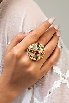 Gold Finish Kundan Polki & Red Stone Ring