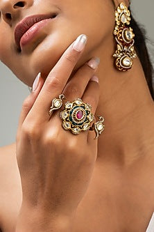 Gold Finish Kundan Polki & Red Stone Ring