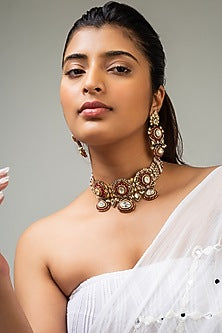 Gold Finish Kundan Polki & Red Stone Choker Necklace Set